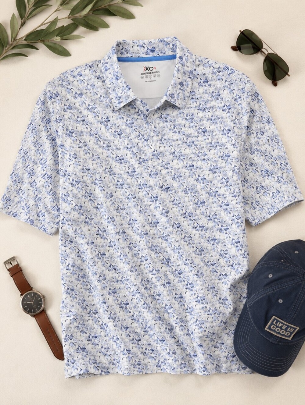 Johnson & Murphy XC4 blue White 1/4 Button Poly Span Golf Polo Shirt. Mens XL